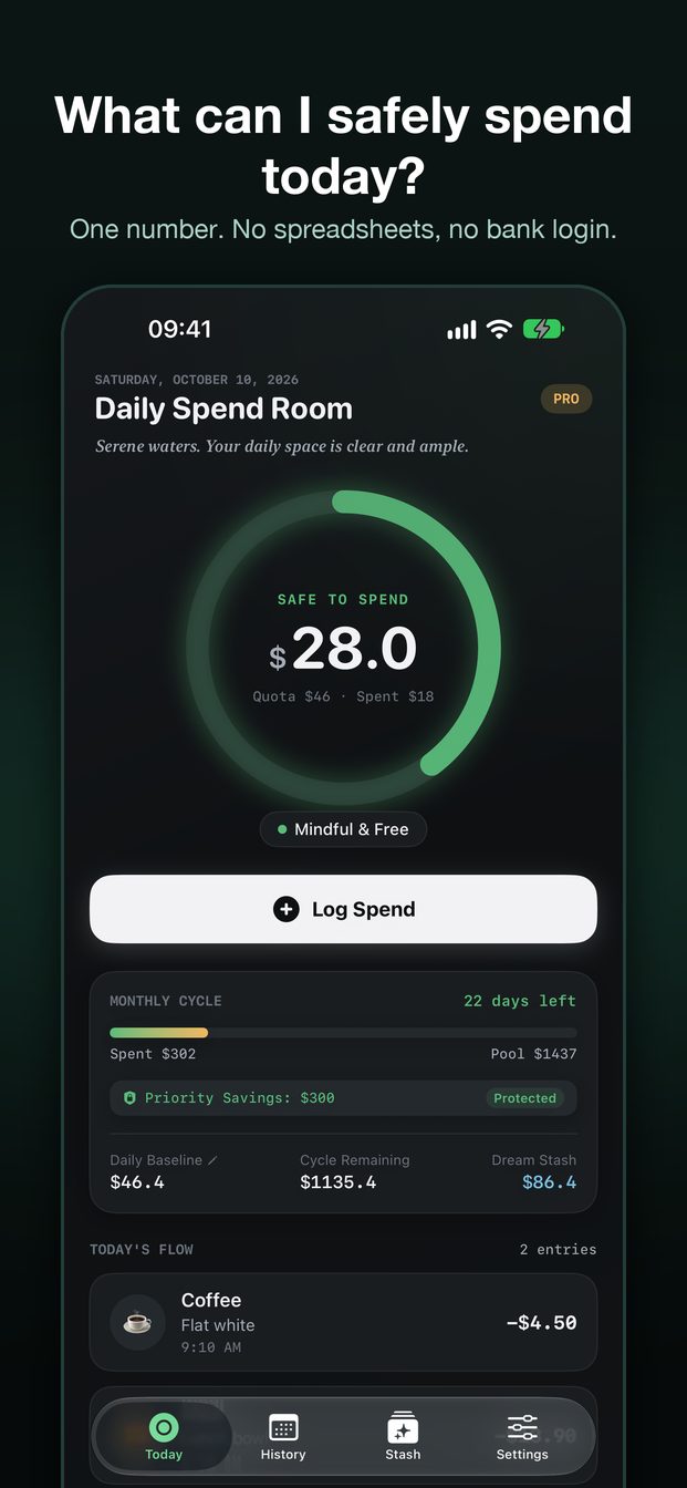 Daily Spend Room Today screen showing the safe-to-spend ring