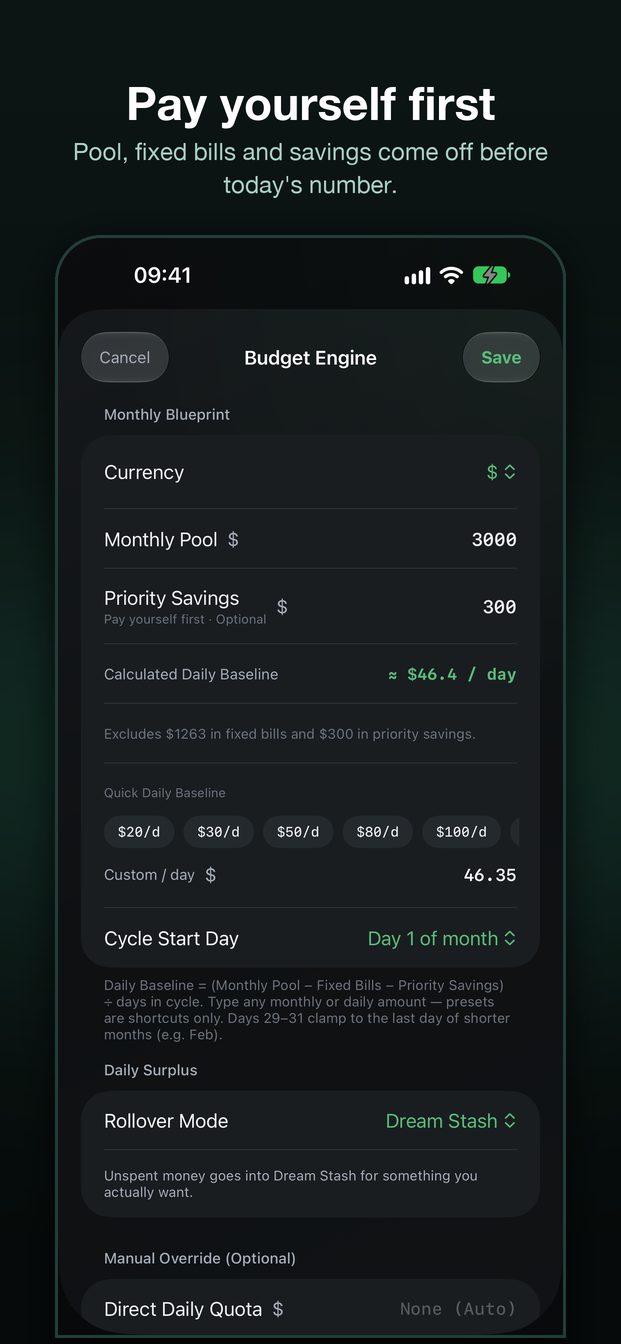 Budget Engine with monthly pool, fixed bills and priority savings