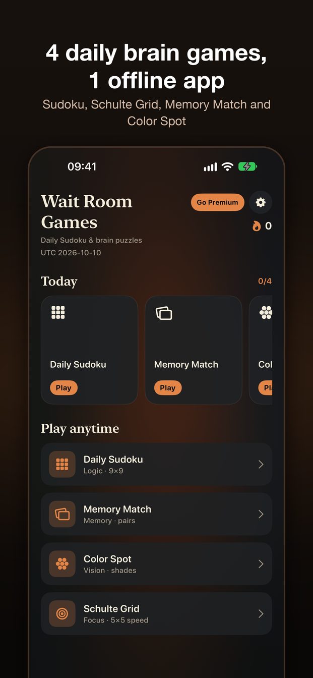 Wait Room home with four daily brain games